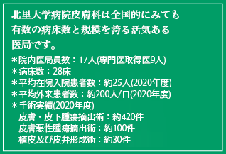 北里大学病院皮膚科は全国的にみても有数の病床数と規模を誇る活気ある医局です。